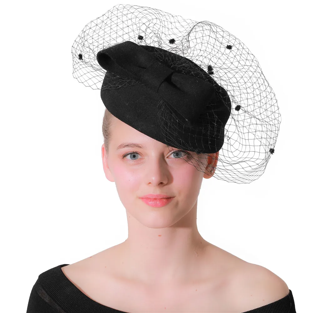 Fashion Black Bow-knot Fascinator Hats Base with Cover Face Birdcage Veil Bridal Occasion Hair Accessories Cocktail Hats XMF193