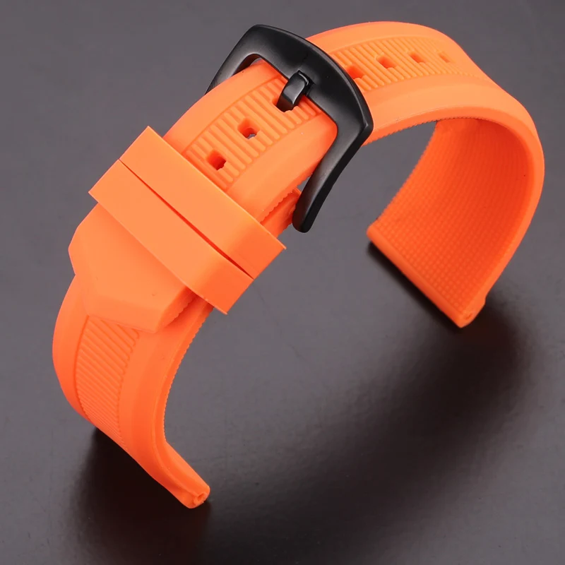 Rubber Silicone Watchband Strap 22mm Women Men Diving Black Orange Sport Watch Band Bracelet Stainless Steel Metal Clasp