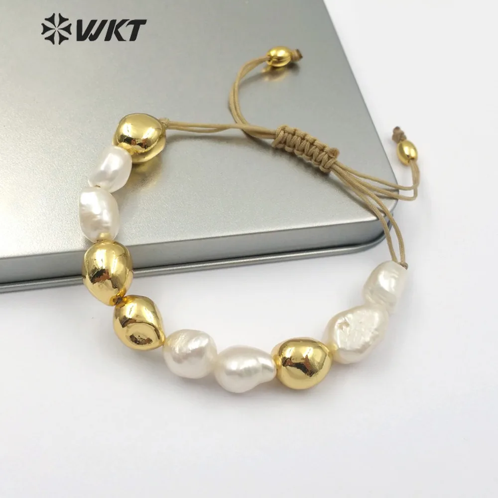 WT-B454 Natural freshwater Pearl Bracelet White Pearl With Gold Dipped One Handmade Beads Bracelet Dainty Pearl Jewelry