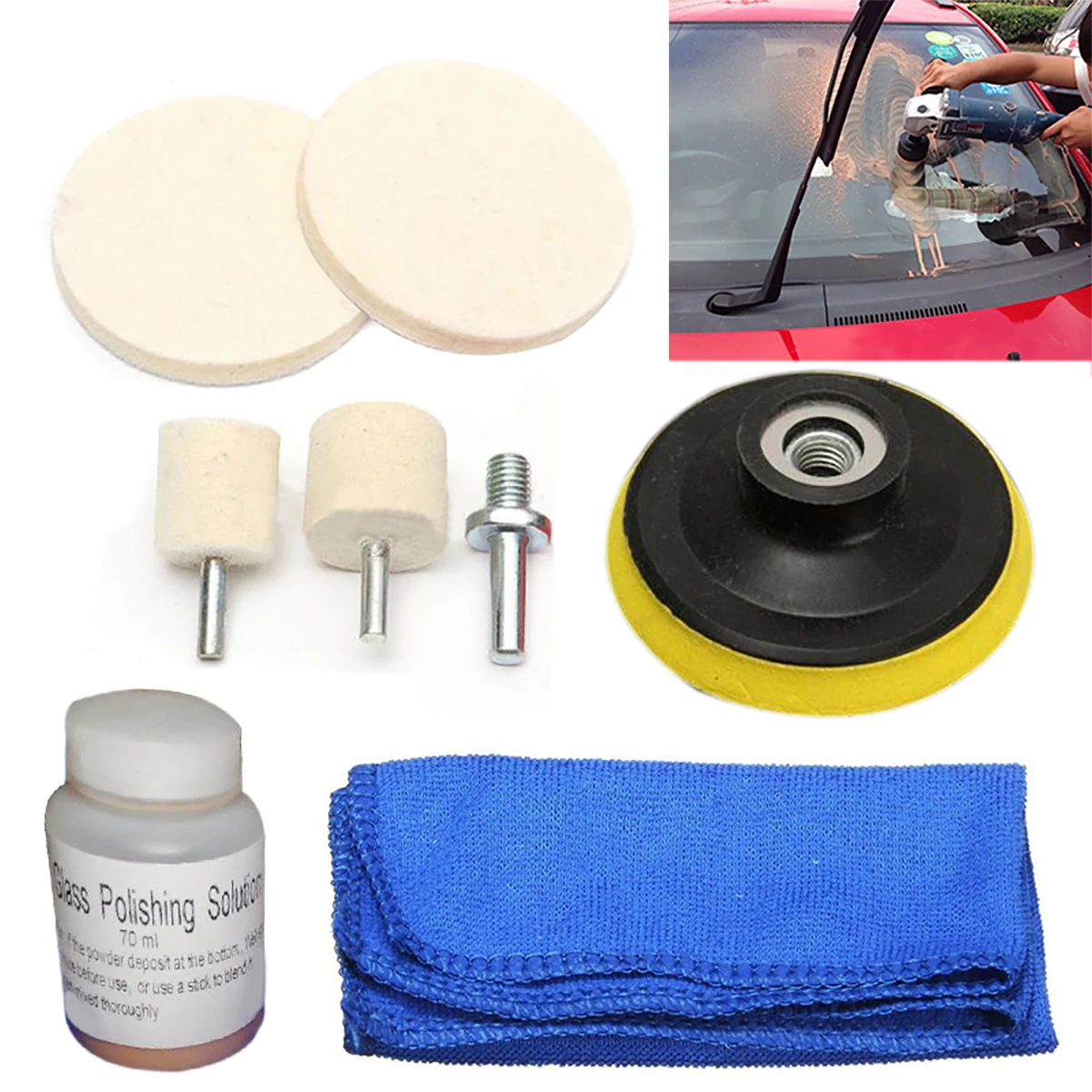 

Glass Polishing Kit Windscreen Scratch Remover 70ml Solution + 3" Pads + Cloth Newest