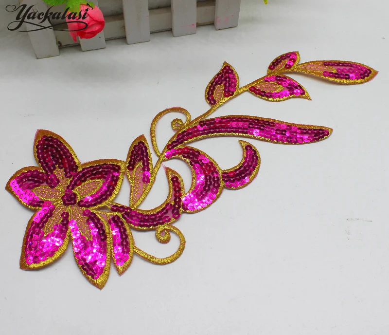 2 Pcs Iron On Patches Mirror Pair Flower Sequined Appliques Trims Hologram Diy Dance  Accessories 12.5*31cm