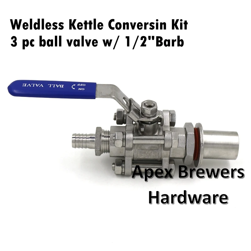 

Weldless Kettle Conversion Kit w/ 1/2" Hose Barb, 3 pc SS316 Ball Valve, Homebrew Hardware