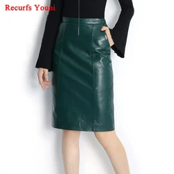 RYS8345 Winter NEW OL Genuine Leather Midi Long Wrap Skirt Ladies Elegant Simple Dark Green/Black/Pink/Blue Sexy Jupe Mujer Saia