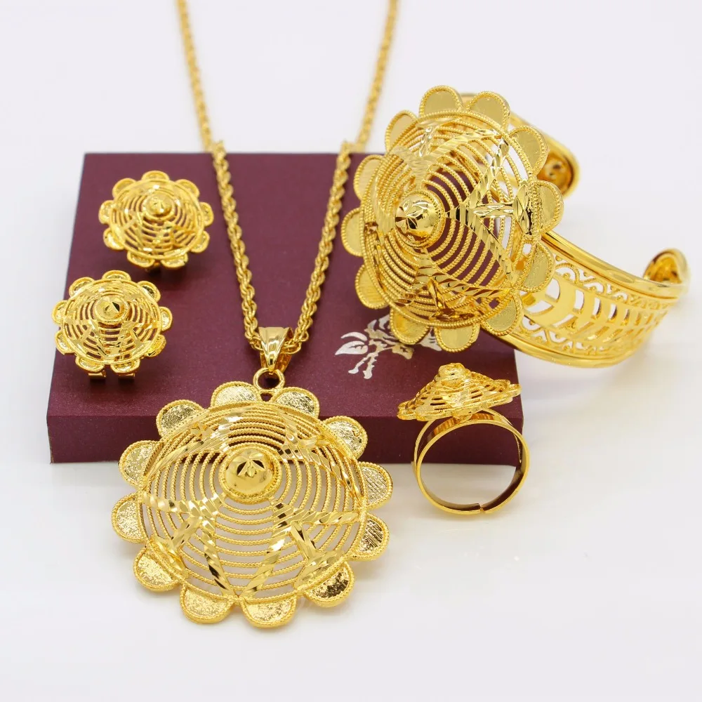 Adixyn New Flower Desigh Ethiopian Jewelry Sets For Women Gold Color & Copper African Eritrean Habesha Big Size Wedding Gifts