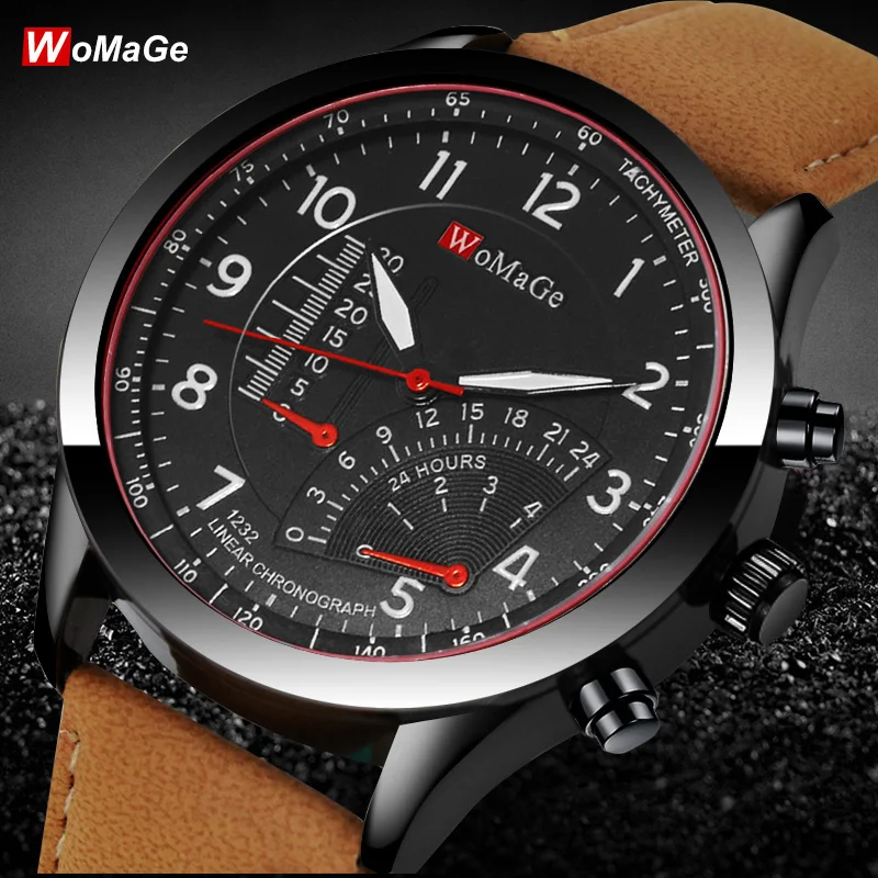 WOMAGE Watch Mens Watches Quartz Fashion Men Sports Watches Leather relojes deportivos hombre montres homme 2020 horloge mannen