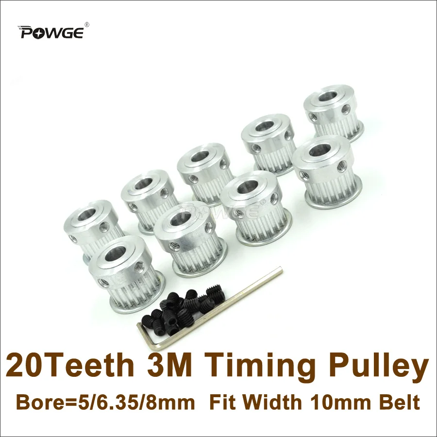 

POWGE 10pcs 20 Teeth 3M Timing Pulley Bore 5/6.35/8mm Fit Width 10mm HTD 3M Belt 20T 20Teeth HTD3M Pulley CNC Engraving Machine