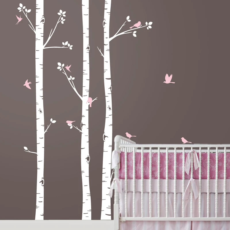 

Baby Nursery Wall Stickers Set of 3 Birch Trees with Birds Removable self adhesive Wall Decals For Living Room Wallpaper ZA322