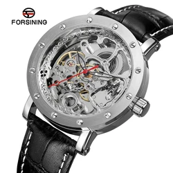 Forsining Royal Flower Carving Gear Golden Movement Transparent Genuine Leather Men Mechanical Self Wind Watches Water Resistant