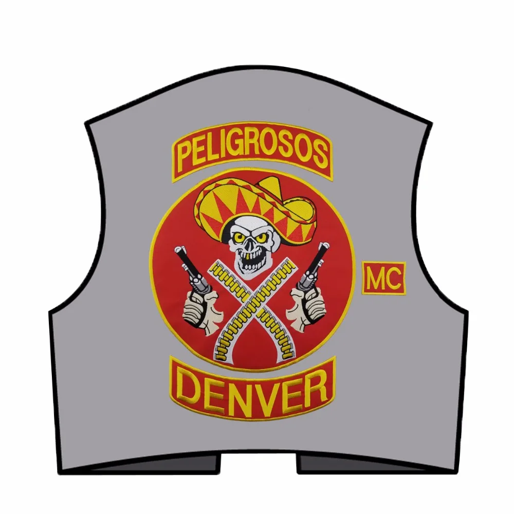 HOT SALE PELIGROSOS DENVER RED COWBOY WITH GUN MOTORCYCLE CLUB VEST OUTLAW BIKER MC JACKET PUNK LARGE BACK IRON ON WEST PATCH