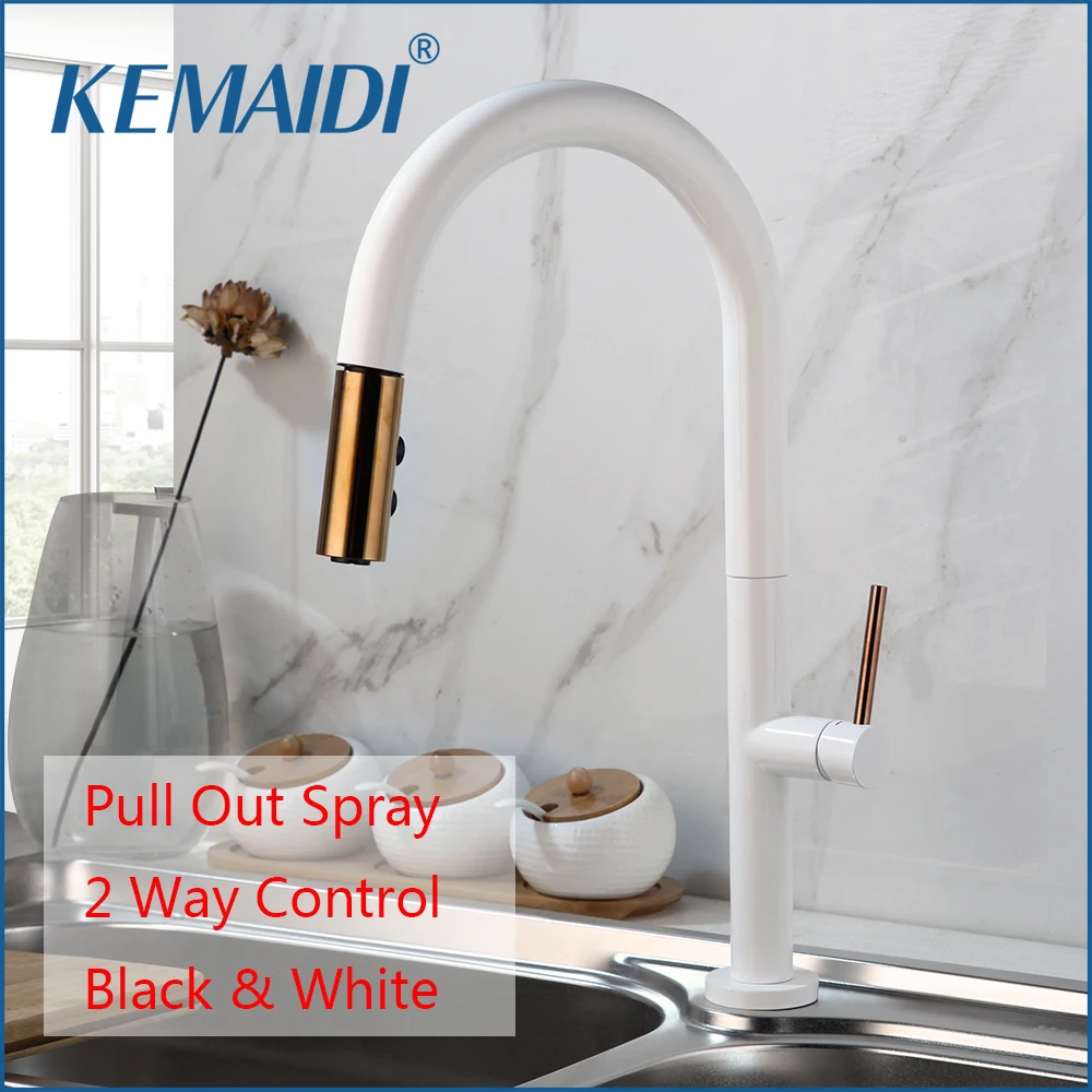 

KEMAIDI 360 Swivel Pull Out 2 Ways Spray Solid Brass Kitchen Basin Sink Faucet Black & White Kitchen Water Mixer Taps Faucets