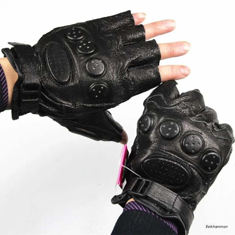 Summer Leather Half Finger Gloves Men\'s Thin Sheepskin Short Style Sports Fitness Outdoor Motorcycle Riding Fingerless Glove