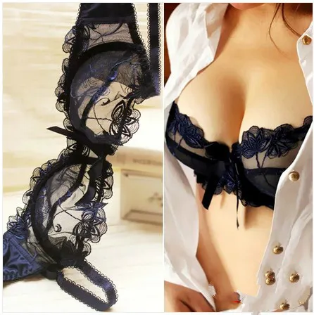 

Navy Blue Plus Size Women's Lace Ultra-thin Sexy Floral Bra Set Briefs Panties Comfortable Underwear A B C D Cup 32-40 40D 90C