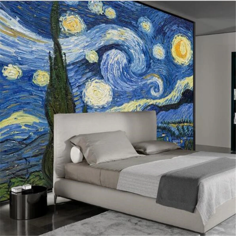 

Beibehang custom wallpaper 3D European abstract oil painting Van Gogh Star Cafe decoration living room sofa background wall