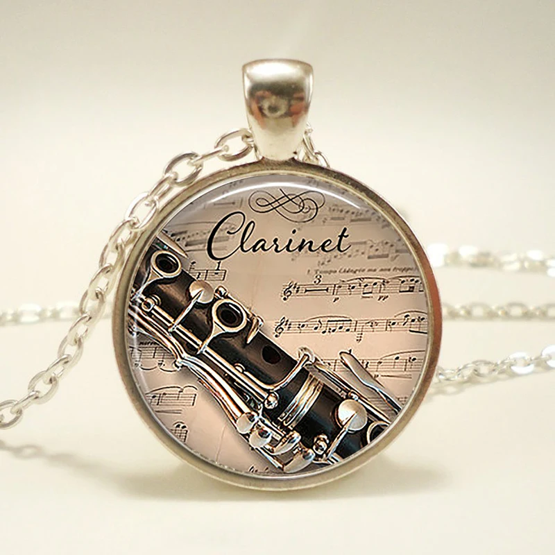 Fashion Clarinet Music Pendant Glass Cabochon Dome Necklace Jewelry Music Lover Clarinet Player Gift for Women Girl Christmas