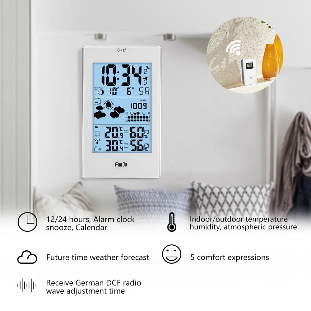 FanJu Digital Weather Station Wall Alarm Clock Thermometer Hygrometer Barometer Table Desk Morden Desgin Time Calendar Wireless