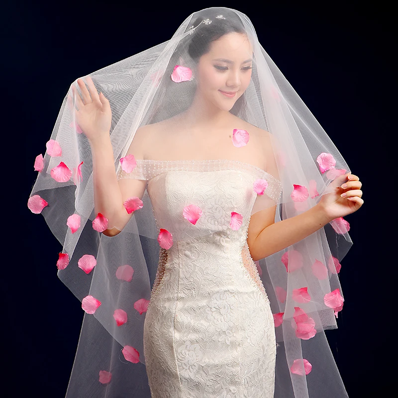 Hochzeits schleier koreanischen Stil Rosen blatt 3 Meter lang nachlaufen des weiches Garn Hochzeit Zubehör kurzen Braut schleier