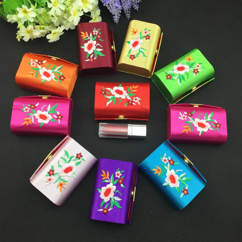 12pcs Mirror Embroidered Flower Christmas Candy Box Small Wedding Party Favor Empty Double Lipstick Case Lip Balm Packaging