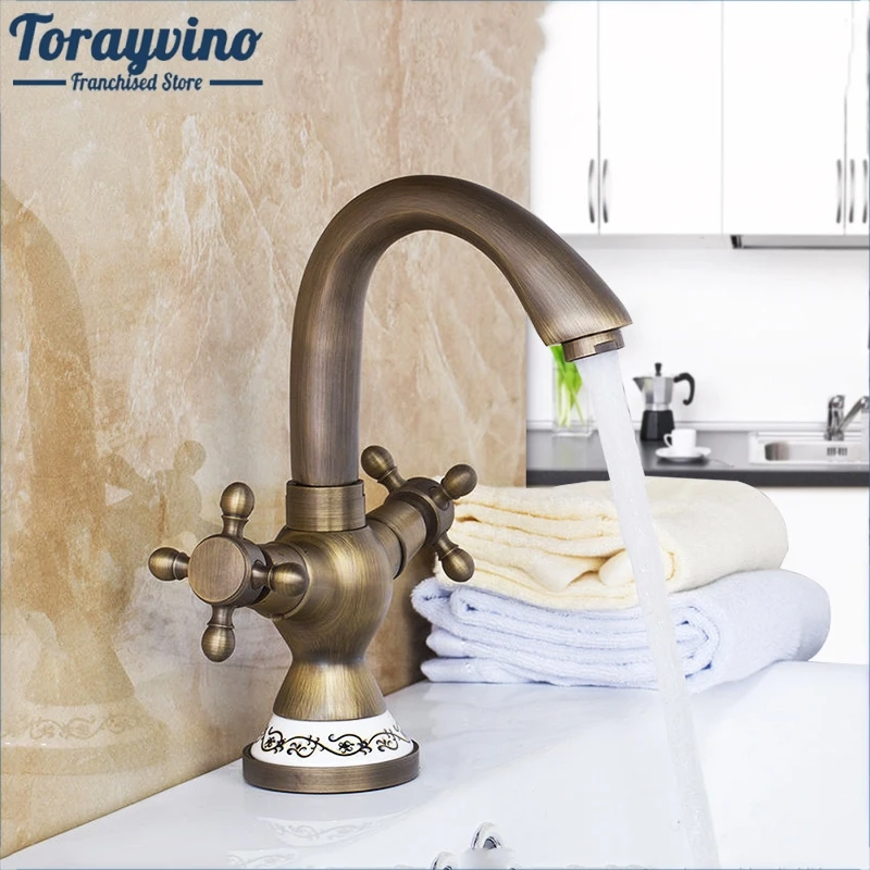 Torayvino Antique Brass Ceramic Tap Mixer Faucet Unique Design Rotated Kitchen Swivel Dual Handles Basin Sink Swivel Facuet