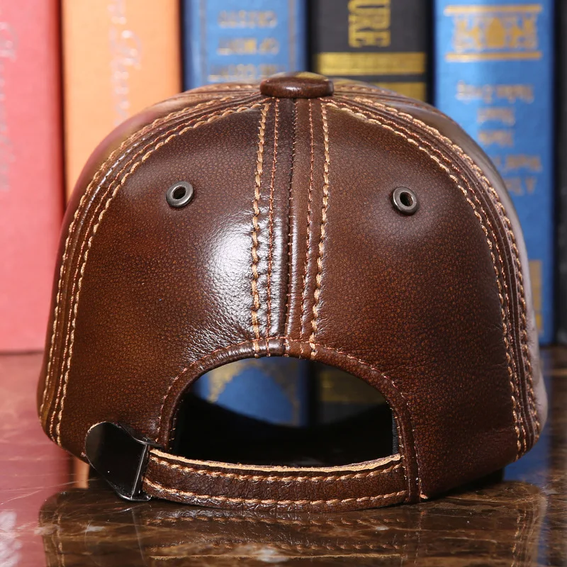 Adult Baseball Cap Male Winter Outdoor Hat Male 100% Genuine Leather Peaked Cap Men\'s Winter Warm Adjustable B-7286