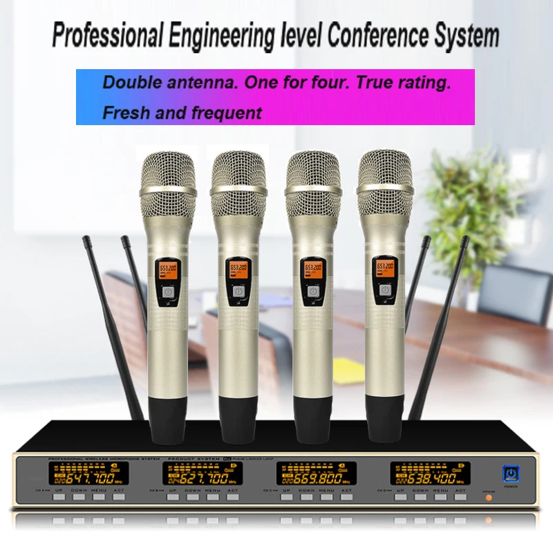 

UHF 4 Channel 4 Handheld Wireless Radio Dynamic Microphone Mic System for Stage Singing
