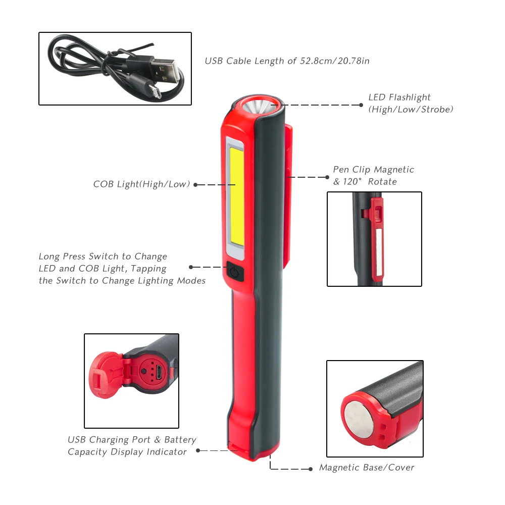 Portable 120 degree LED Flashlight  COB LED 18650 Battery Outdoor Camping Powerful Repair Led Flashlight USB Rechargeable