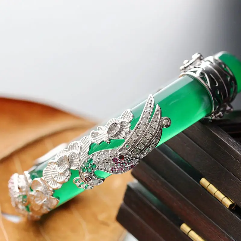 

S925 Sterling Silver Jewelry Wholesale Women's Vintage Silver Bangle Hand-Made Natural Chrysoprase Opening Bangle