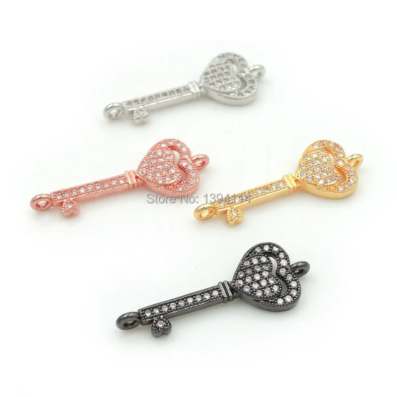 

28*10*2.5mm Micro Pave Clear CZ Key Connector With Overlap Heart Fit For Women As DIY Bracelets Accessory