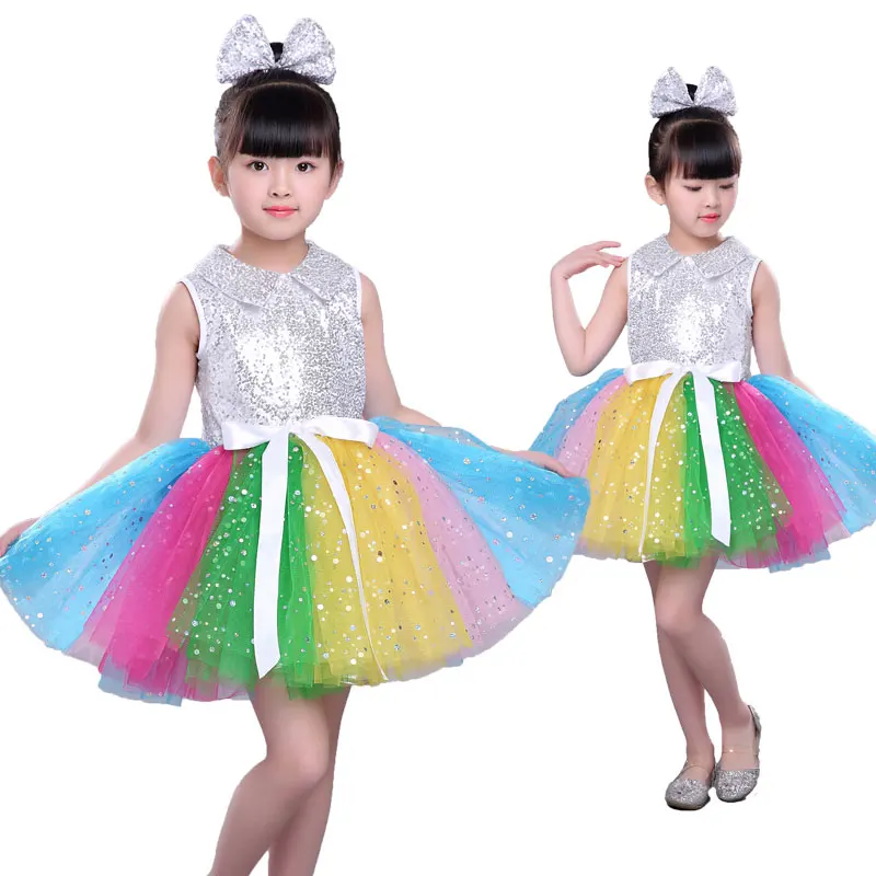 Vestido de fiesta para niños, Ropa de baile para niñas, trajes de actuación de baile de Jazz moderno, disfraces de corales con velo de lentejuelas