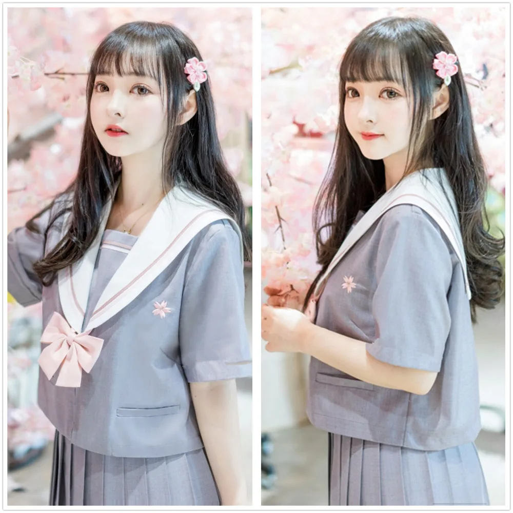 Fashion Autumn Summer Japanese School Uniform Harajuku Preppy Style JK School Uniform gray long short sleeves Women Suit