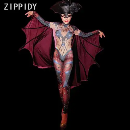 Yeni tasarım Yarasa Rhinestones Baskılı Streç Tulum Akşam Balo Parti Bodysuit Kadın Şarkıcı Dansçı Gece Kulübü Kıyafet