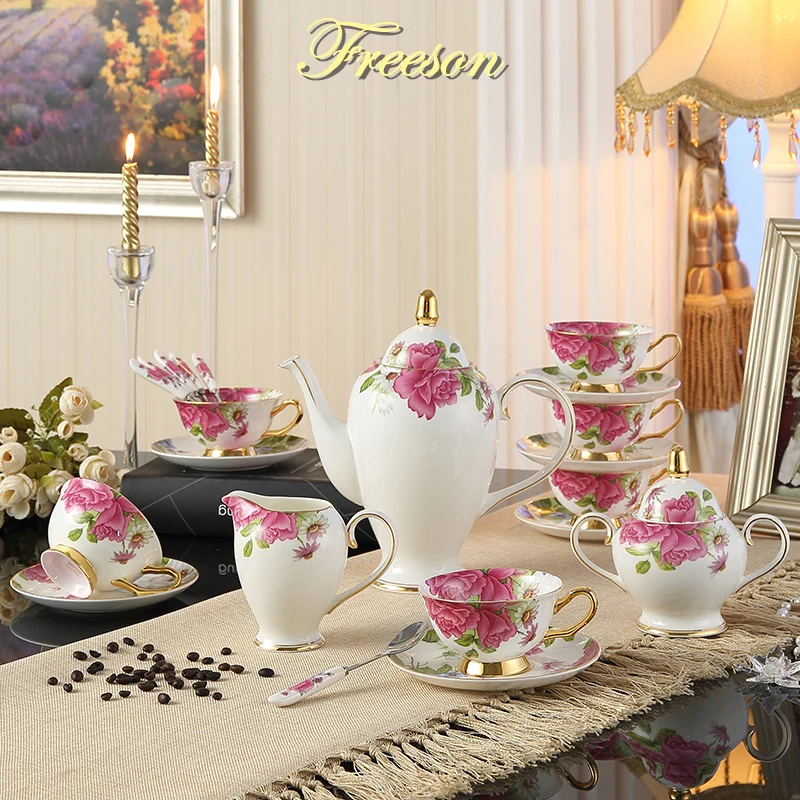 Elegant Rose Porcelain Coffee Set Ceramic Teapot Sugar Bowl Creamer Pastoral Bone China Tea Set Party Pot Mug Tea Cup Coffeeware