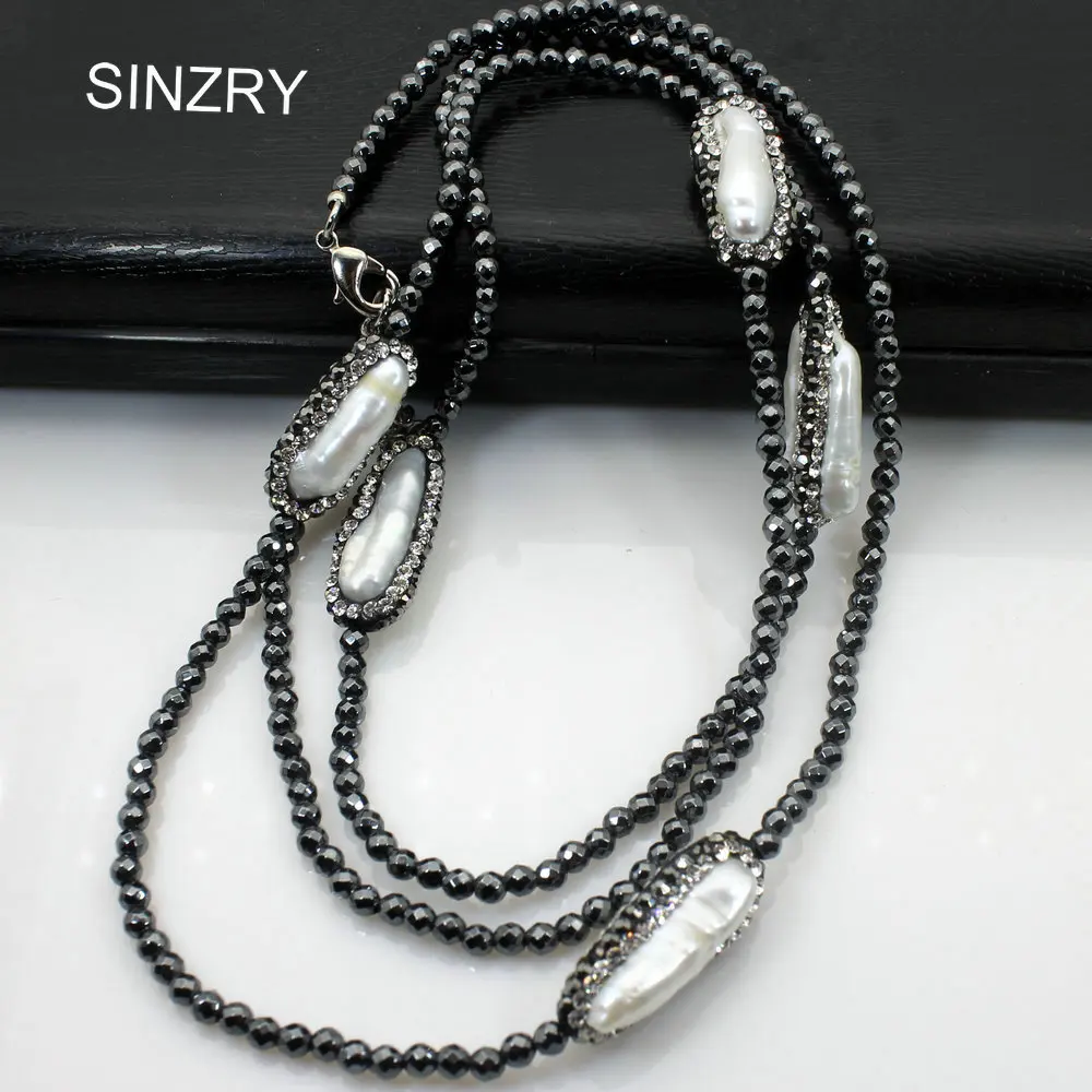 SINZRY 2018 Luxury Druzy Jewelry Natural hematite stone bead long necklaces baroque irregular fresh pearl CZ sweater necklaces