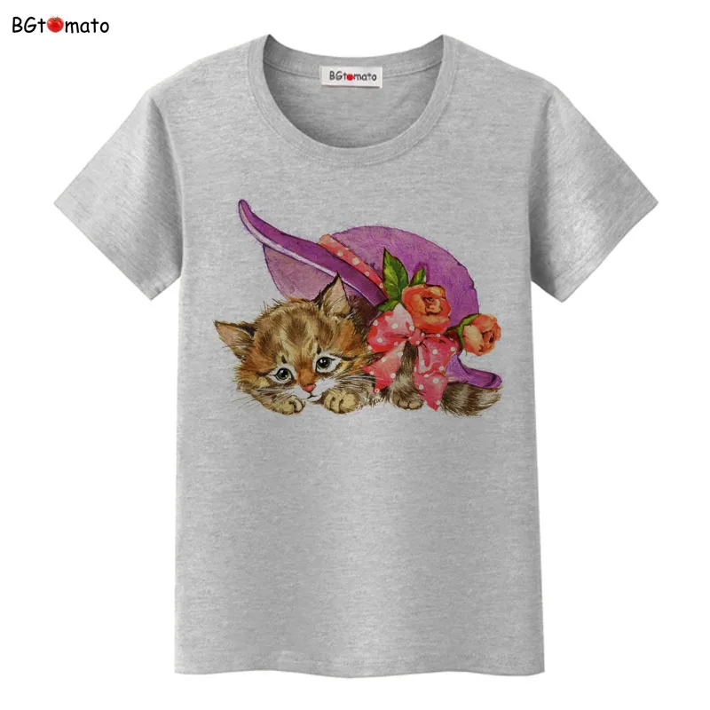 

BGtomato New Cartoon Hat flowers and cats t shirt women Hot fashion lovely cute shirt Brand good quality shirts top tees