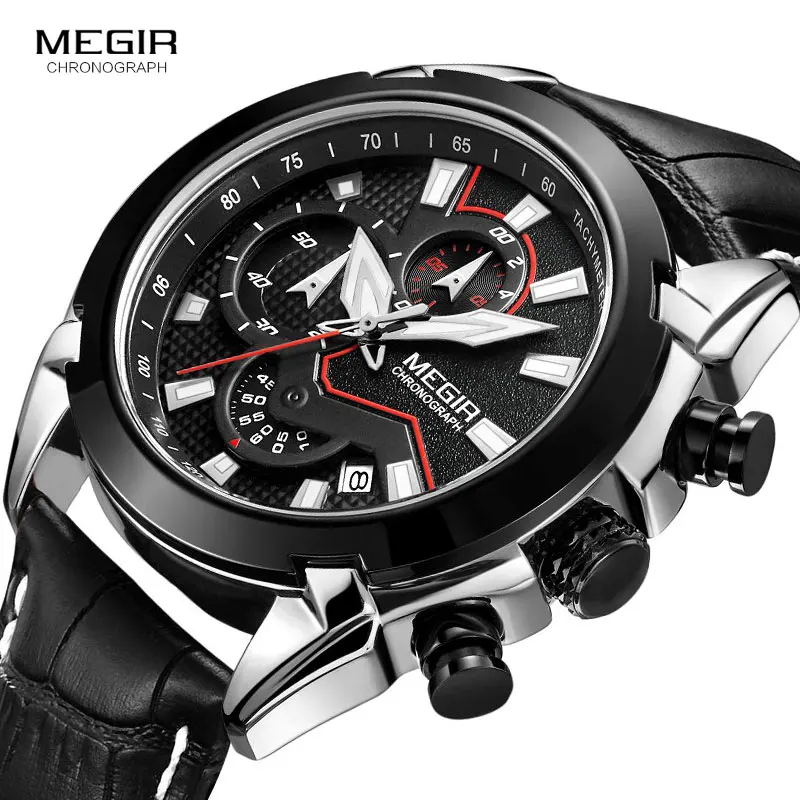 MEGIR Men\'s Top Brand Quartz Watches Leather Chronograph Quartz Wristwatch Military Sports Relogios Masculino relojes 2065 Black