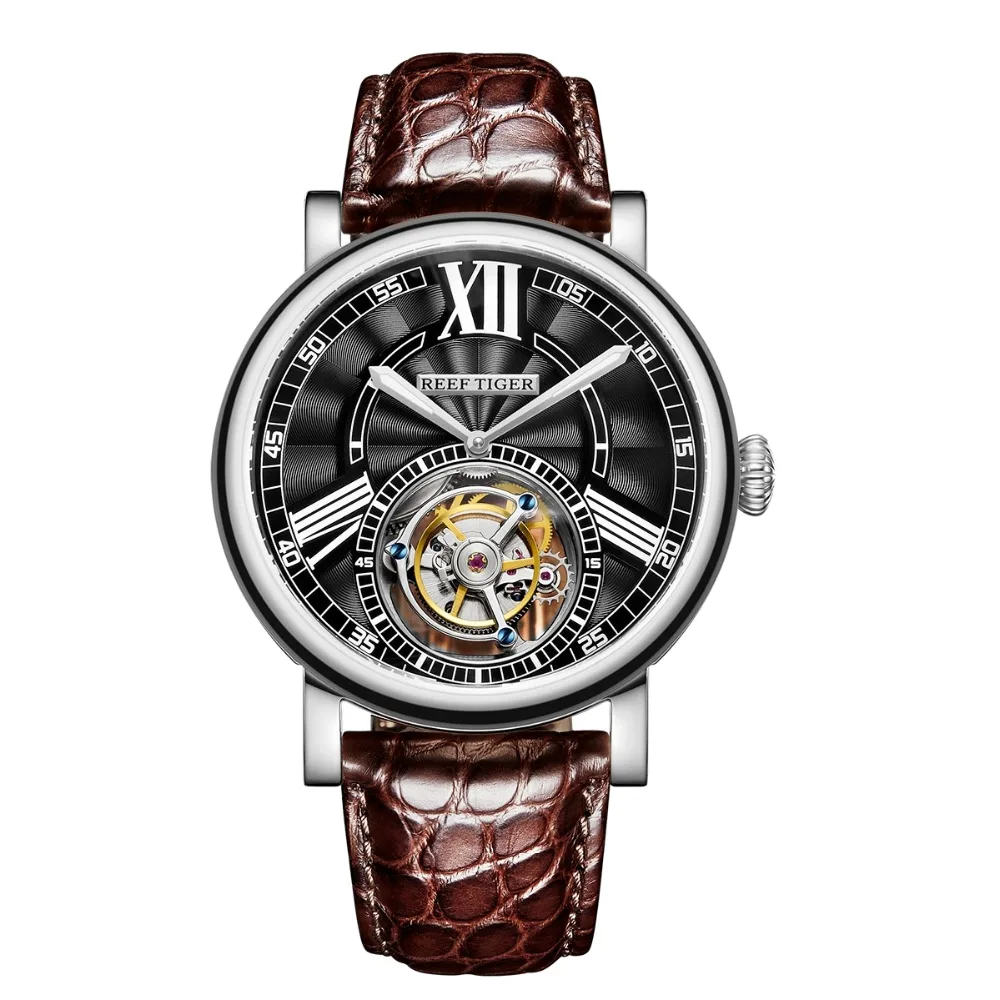 Reef Tiger Classic Serier RGA1999 Men Hollow-out Dial Dress Real Tourbillon Automatic Self-wind Mechanical Wrist Watch - Silver