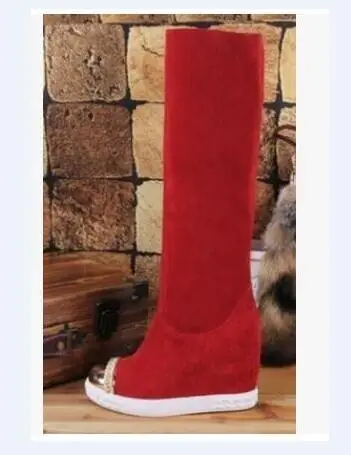 

Winter boots height increasing round toe metal&turned-over edge decoration mid-calf&knee-high women suede boots red white boots