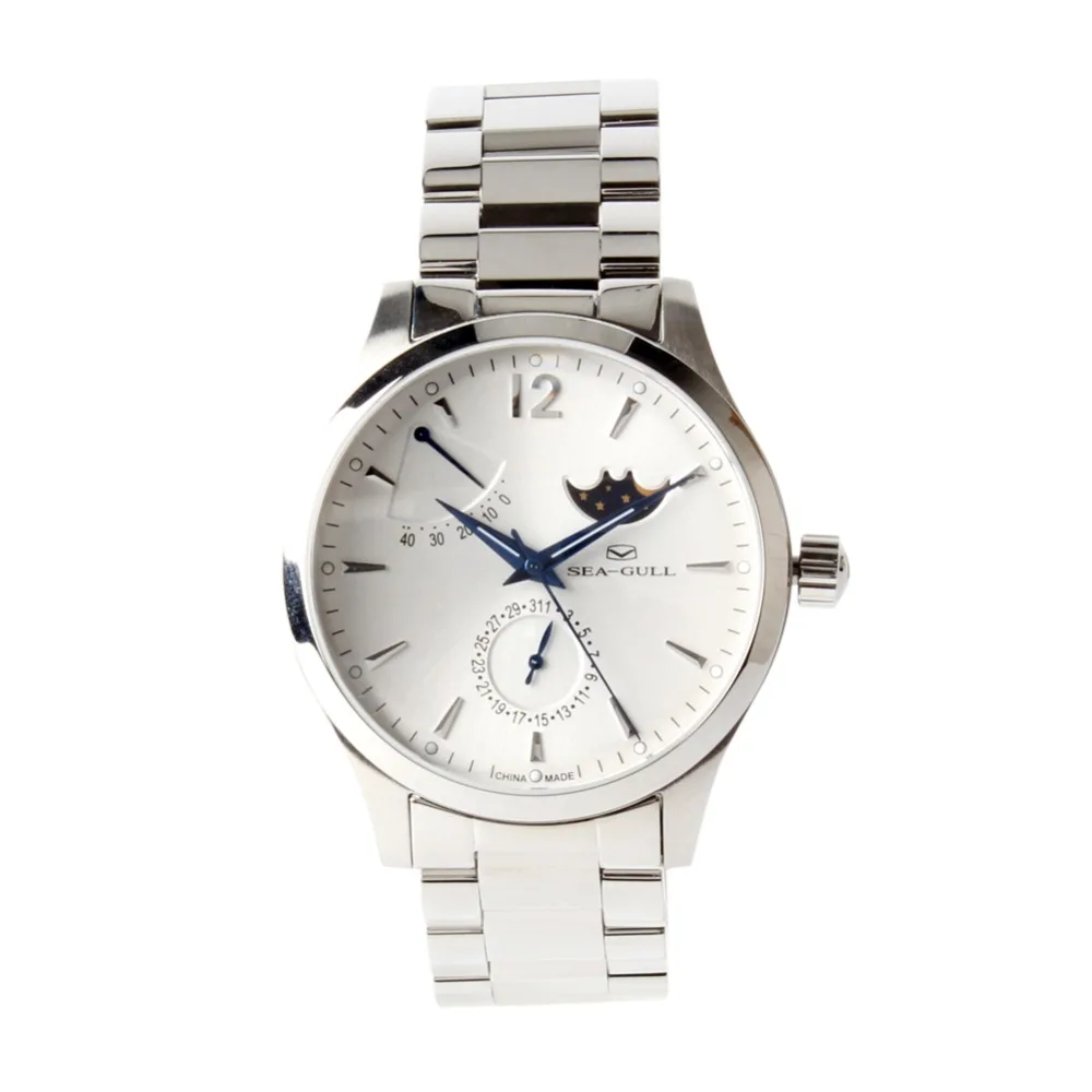 Genuine Seagull Moon Phase Power Reserve Date Exhibition Back Automatic Men's Dress Watch Sea-gull 816.423 White Dial