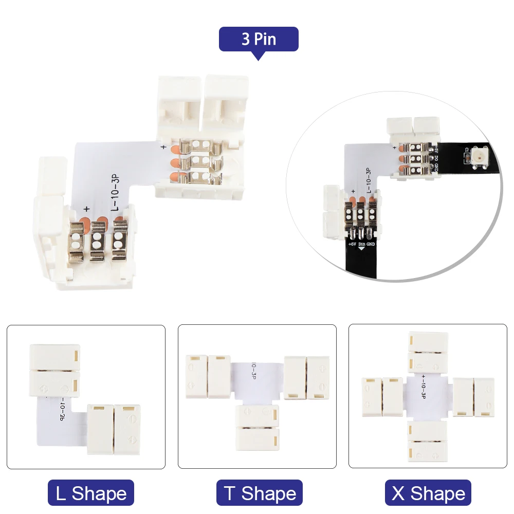 Conectores para tira de LED, 2 pines, 3 pines, 4 pines, 5 pines, 10mm, conector de soldadura libre en forma de L, forma de T, forma de X para tira