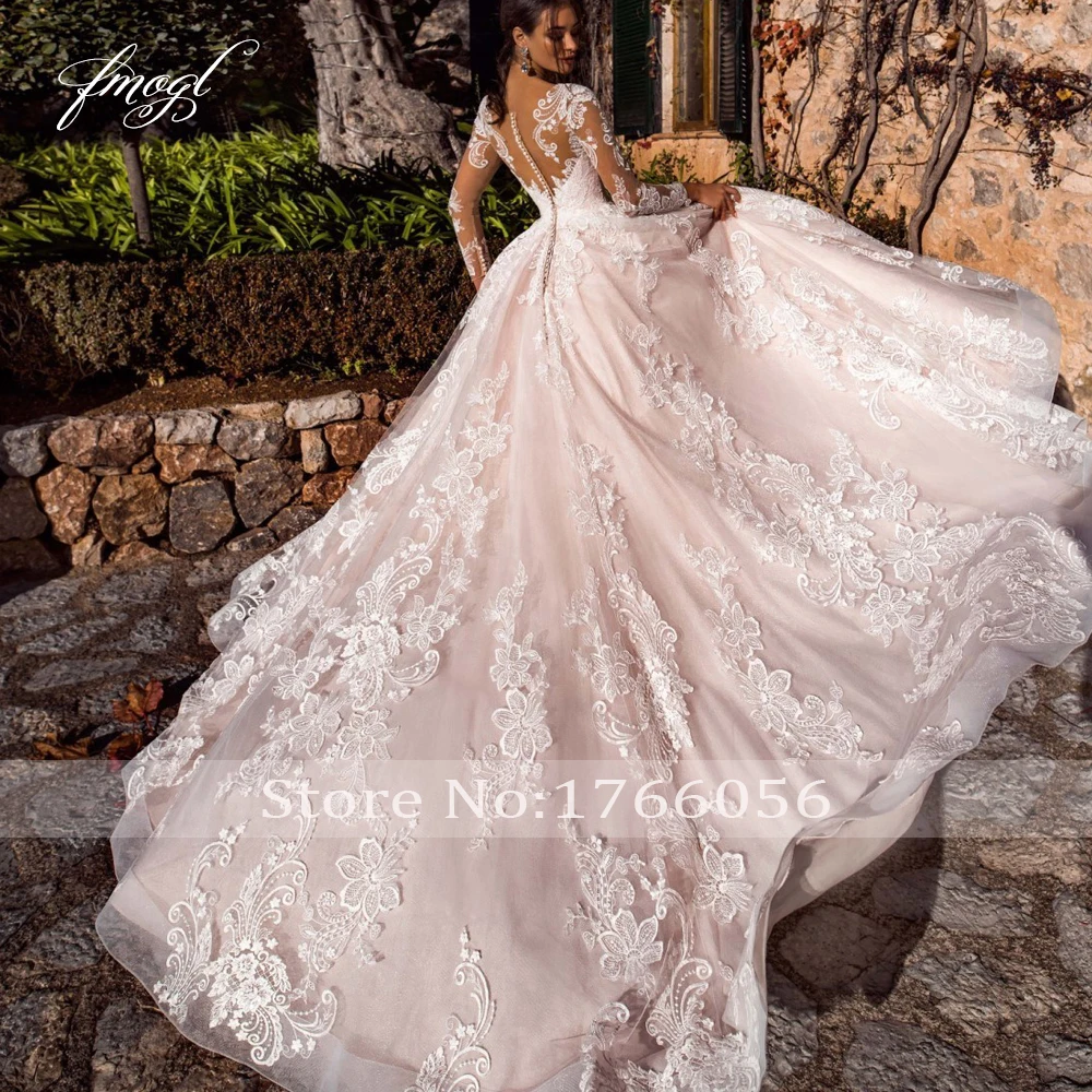 Customized Sexy Illusion Long Sleeve Vintage Wedding Dresses 2022 Scoop Neck Appliques Court Train Tulle A Line Bridal Gown image 2
