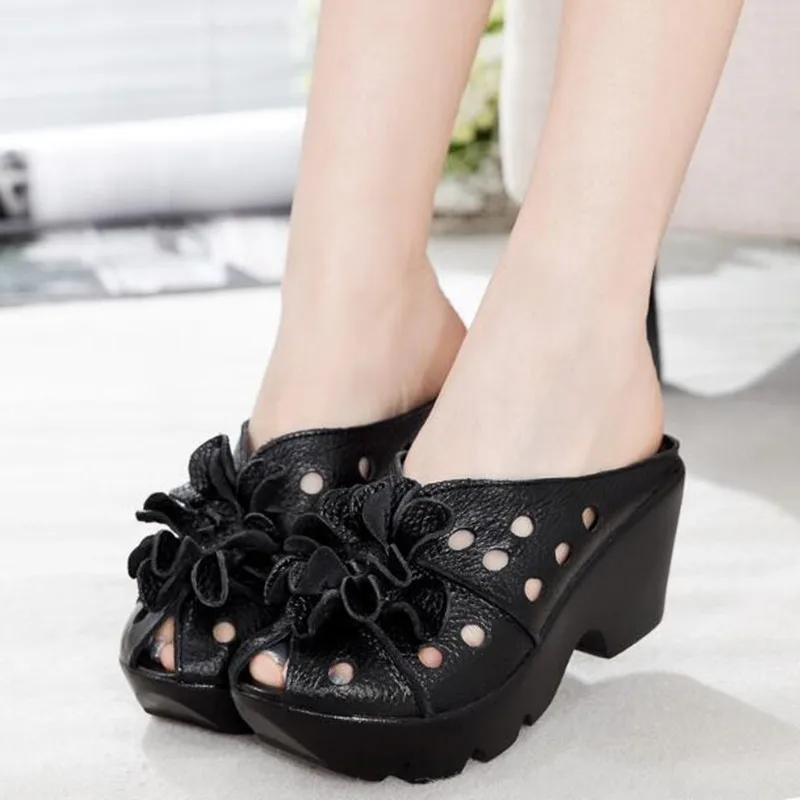 2024 New Summer Thick Bottom Slope with High Heel Slippers Genuine Leather Sandals Flowers Hollow Women Shoes Fashion Sandals