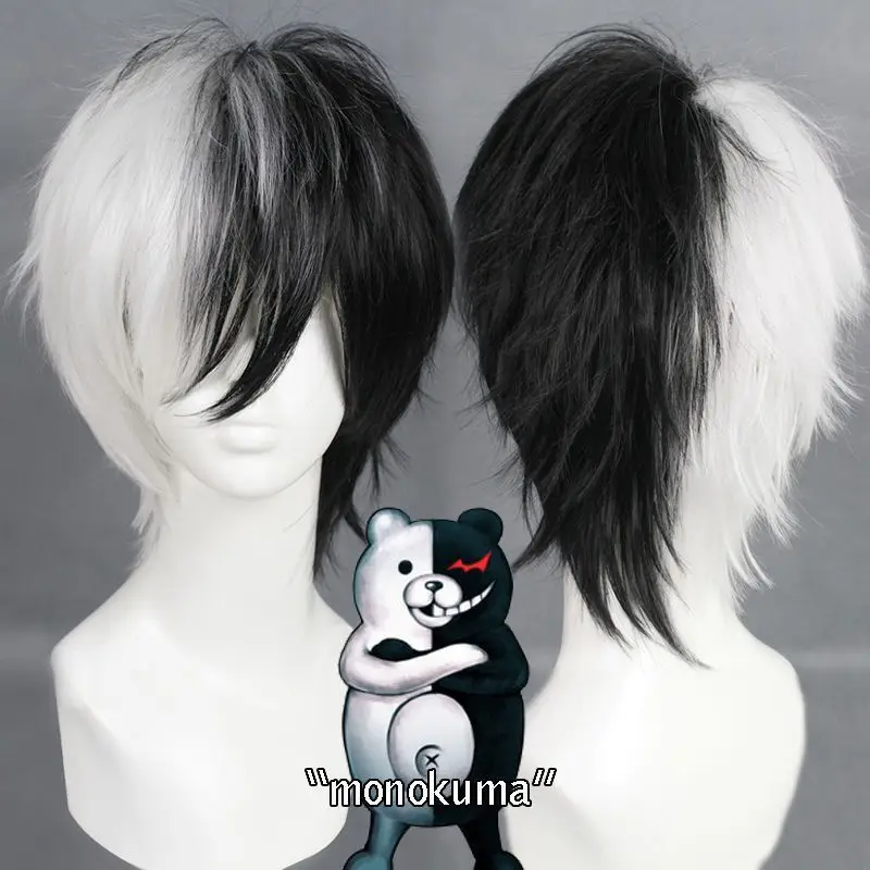 Danganronpa Peluca de oso blanco y negro, monokuma sintético, pelo corto y esponjoso, gorro de peluca, juego de Anime