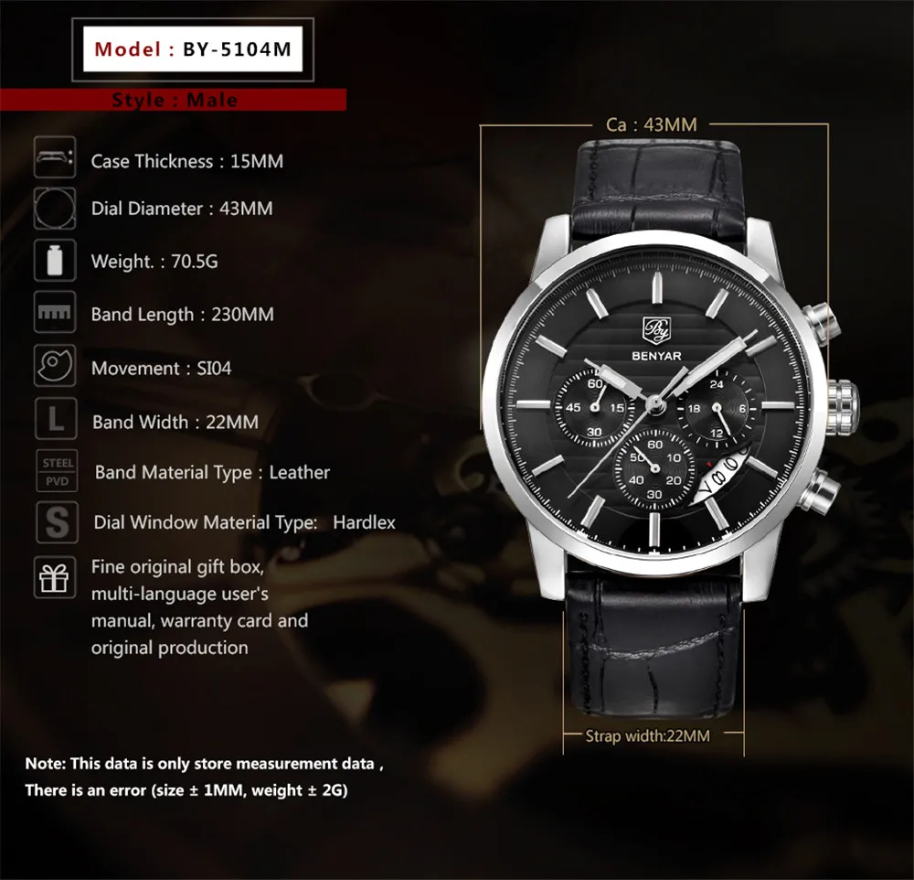 Reloj Hombre BENYAR moda cronografo Sport orologi da uomo Top Brand Luxury Business orologio al quarzo orologio Relogio Masculino