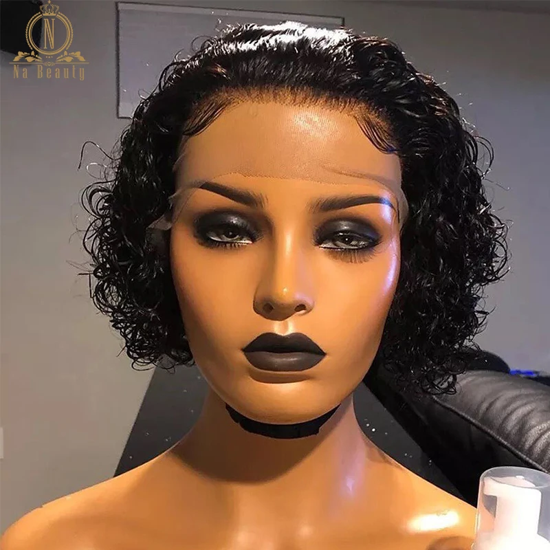 Transparent Spitze Perücke Tiefe Lockige 13x6 Spitze Front Menschliches Haar Perücke Kurze Bob Pixie Cut Perücken Für Schwarz frauen Na Schönheit Haar 150 Remy