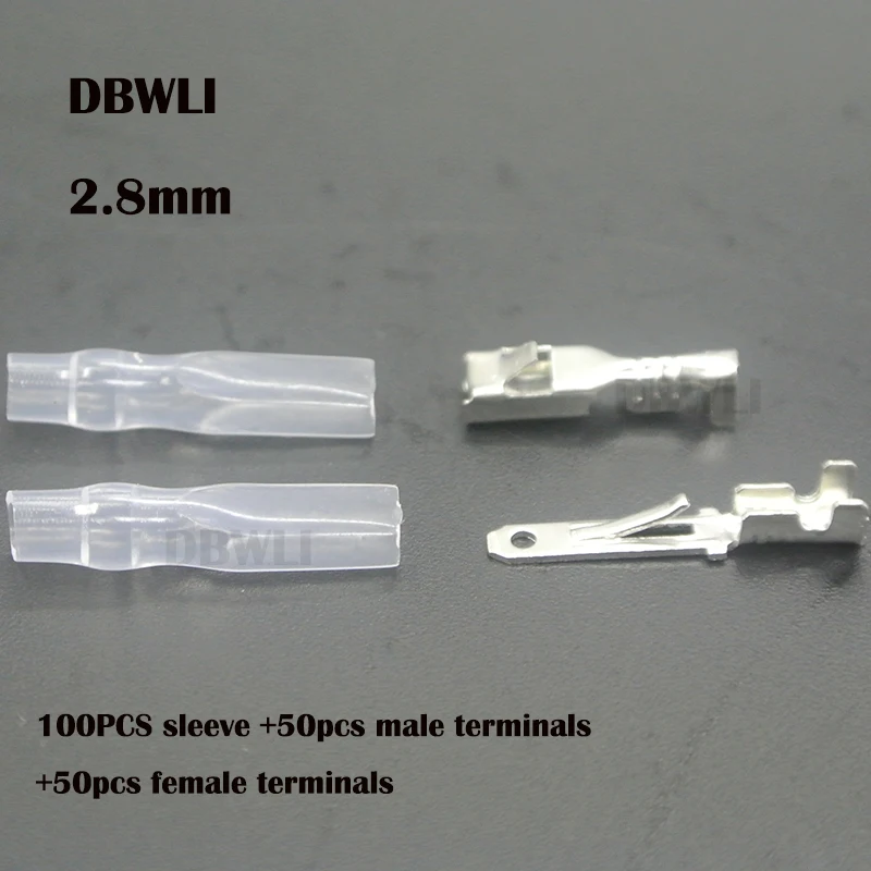 200pcs  2.8mm Uninsulated Spade Crimp Connector Terminal Block 50pcs Female Spade +50pcs Male Spade Connector+ 100pcs Case