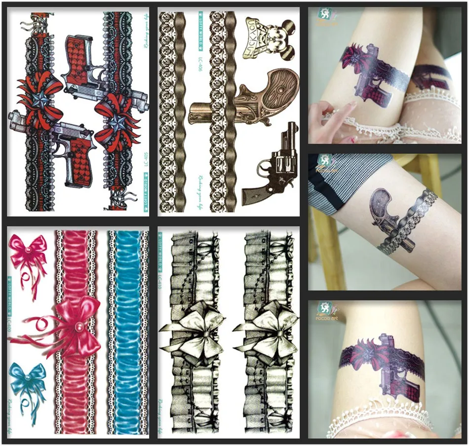 

Hot Sale Beauty Fashional Leg Temporary Tattoo For Women Big Bow-tie With Lace Gun Black Red Waterproof Tattoo Sticker