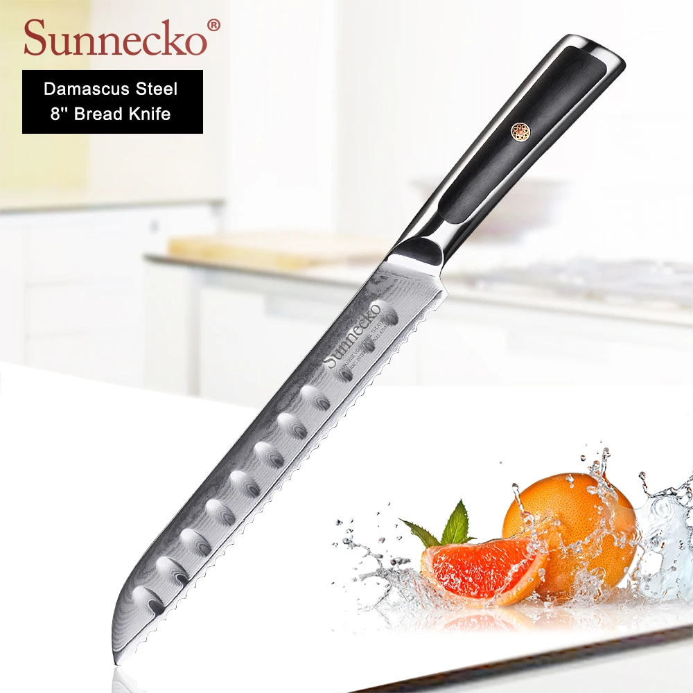 

SUNNECKO 8 inch Bread Knife Damascus Steel Japanese VG10 Core Blade Kitchen Knives G10 Handle Cutter Chef's Knife Baking Cake