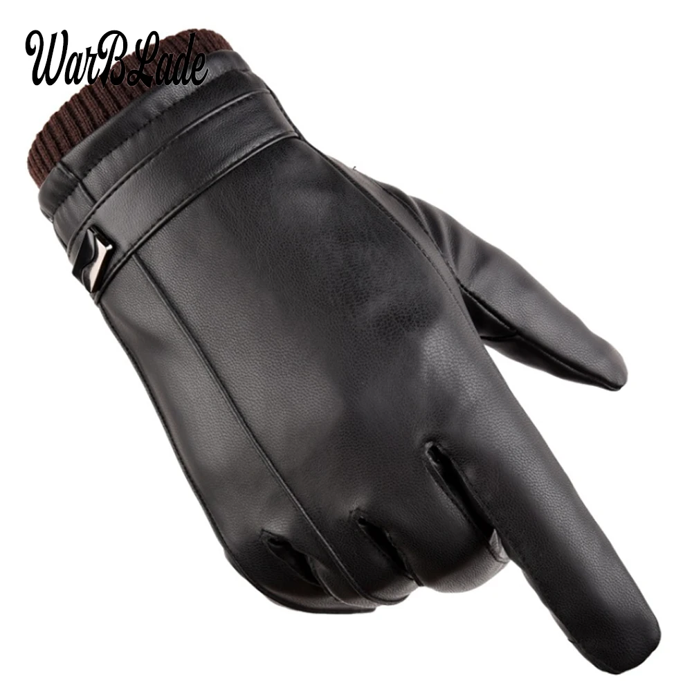Men\'s Luxurious PU Leather Winter Driving Warm Gloves Cashmere Tactical gloves Black Drop Shipping High Quality WarBLade