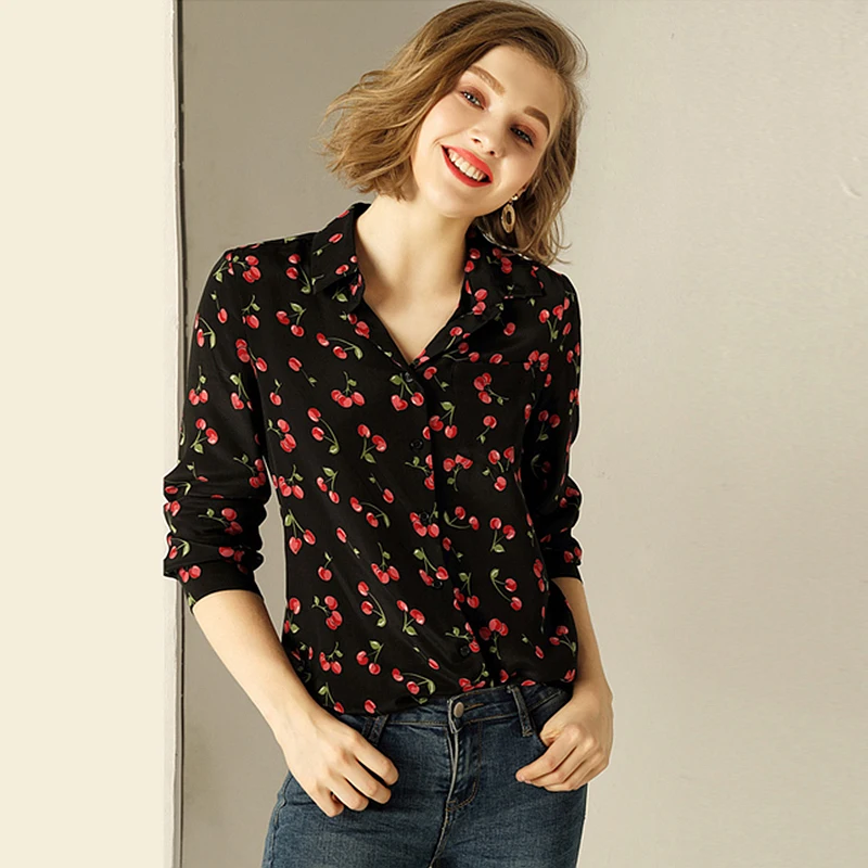 100% Silk Blouse Women Shirt Cherry Printed Turn-down Collar Long Sleeves 2 Colors Translucent Fabric Plus Size New Fashion 2019