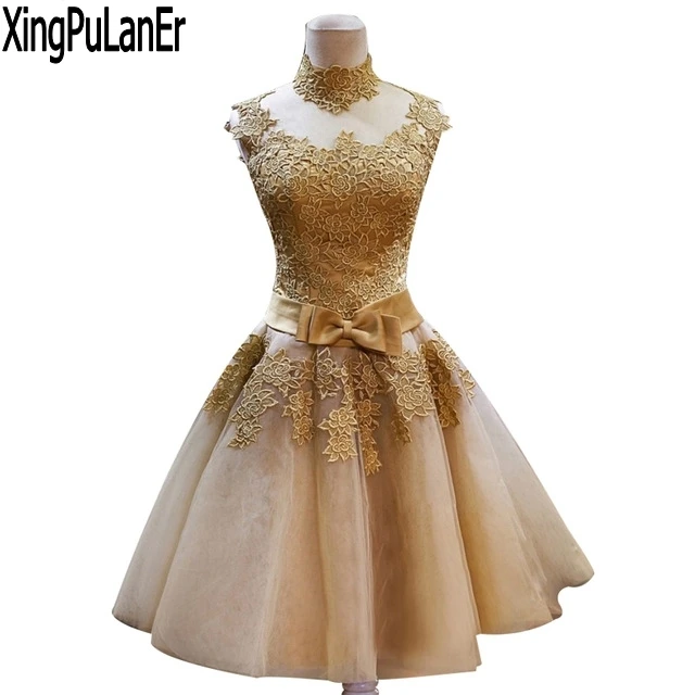 A Line Champagne Lace Appliques High Neck Cap Sleeve Short Tulle Prom Dresses 2017 vestidos de fiesta