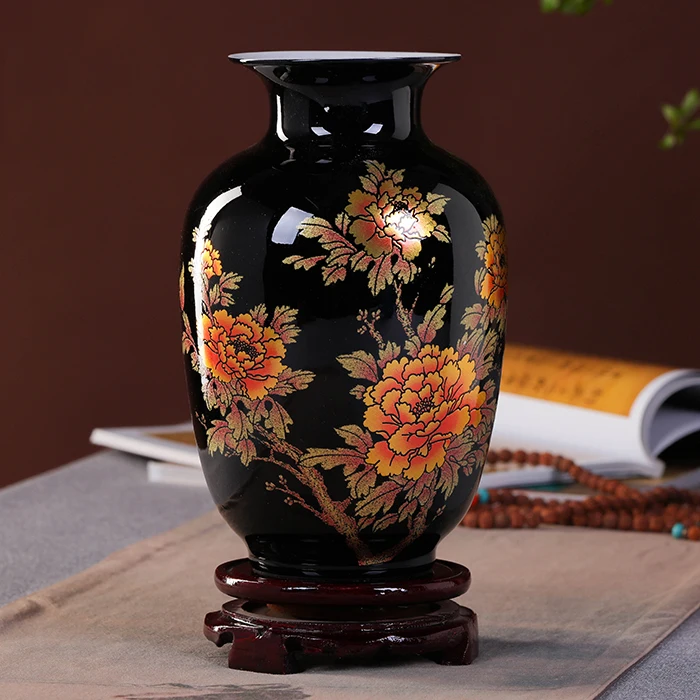 

New Chinese Style Vase Jingdezhen Black Porcelain Crystal Glaze Flower Vase Home Decor Handmade Shining Famille Rose Vases